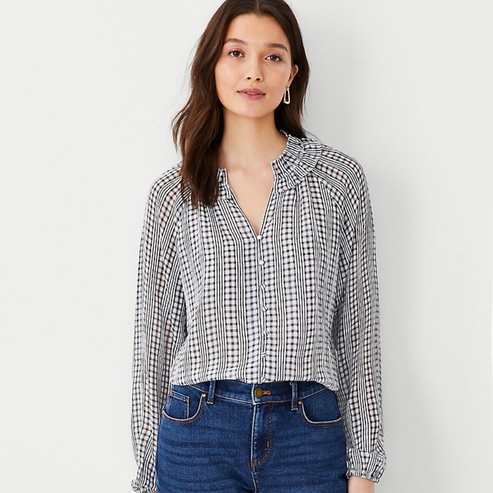 Ann Taylor Plaid Ruffled Raglan Sleeve Top